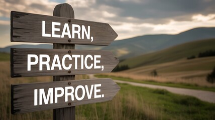 Learn, practice, improve signpost in a rural landscape to encourage selfimprovement