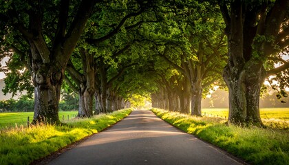 Obraz premium Sunny tree-lined road through fields