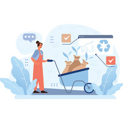 Woman Pushing Wheelbarrow Filled With Sacks And Plants In Garden With Data Visualization Elements And Recycle Symbol