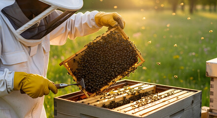 beekeeper inspects beehive honeycombs during golden hour