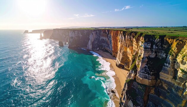 Dramatic aerial view of rugged ocean cliffs meeting turquoise water on a sunny day with bright sunlight and a sandy beach below