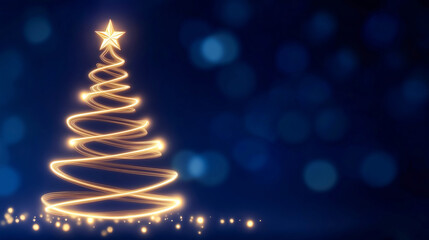 A neon Christmas tree made of glowing gold stripes with a star on a dark blue background with bokeh and copy space. Perfect for a Christmas greeting card or banner design.