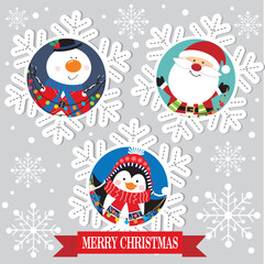 Christmas card with santa, snowman , penguin and snowflakes