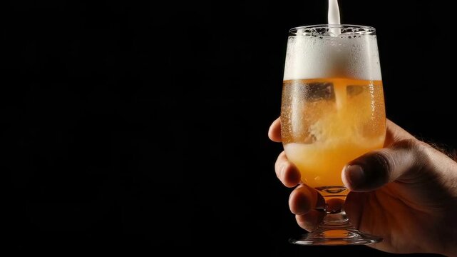 A hand holds a stemmed glass while a light foamy beverage is poured into it against a black background