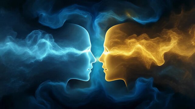 Abstract representation of two human figures in vibrant colors, symbolizing connection and duality