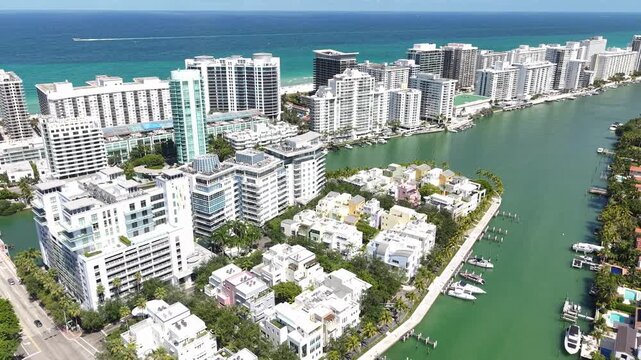 Aerial View of Allison Island and Miami Beach Florida USA, Waterfront Condominiums, Buildings and Traffic