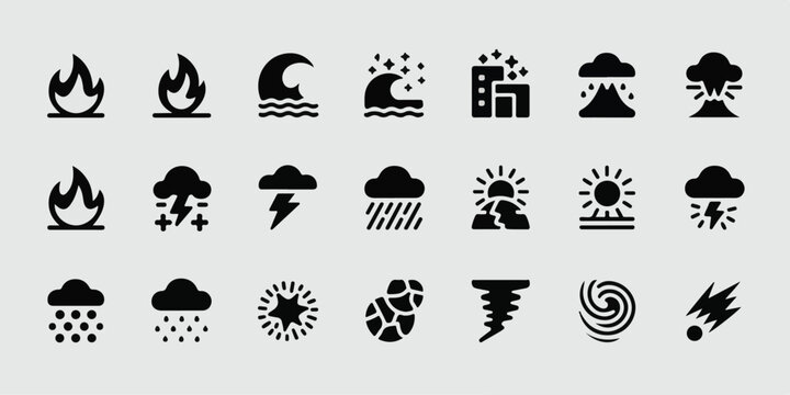 High-quality vector of 20 black-and-white minimalist silhouette icons of natural disasters and extreme weather, aligned grid, clean geometric shapes, modern, bold.