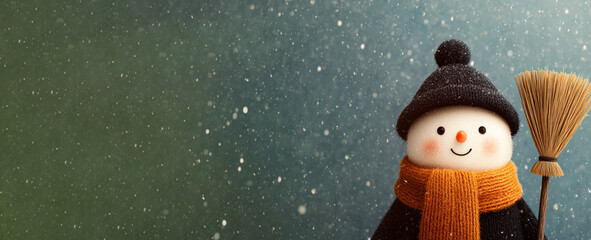 Smiling snowman with orange scarf and broom in snowy winter scene with gradient green blue background Generative AI