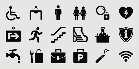 High-quality, commercial-ready minimalist vector icons of universal signage and accessibility, three-row grid, geometric shapes, clean lines, modern, readable, stock-ready, digital and print.