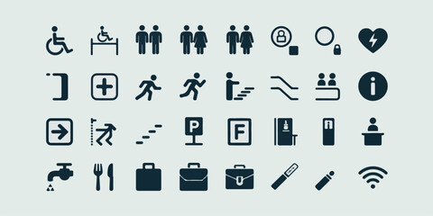 High-quality, commercial-ready minimalist vector icons of universal signage and accessibility, three-row grid, geometric shapes, clean lines, modern, readable, stock-ready, digital and print.
