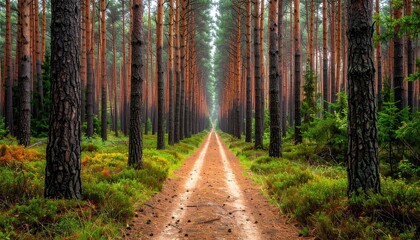Fototapeta premium Forest path lined with tall pine trees leading into the distance during daytime with scattered sunlight and green undergrowth