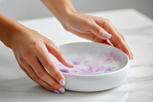 Gentle hands with light purple nails cradle a white bowl, its interior decorated with soft, ethereal lavender floral designs. - Powered by Adobe
