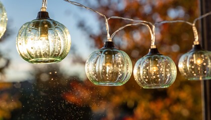 String lights with decorative bulbs hanging in front of a window at autumn time