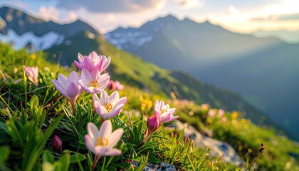 Fototapeta premium Delicate pink wildflowers bloom in lush green alpine meadow with majestic snowcapped mountains and sun rays in the background during daytime
