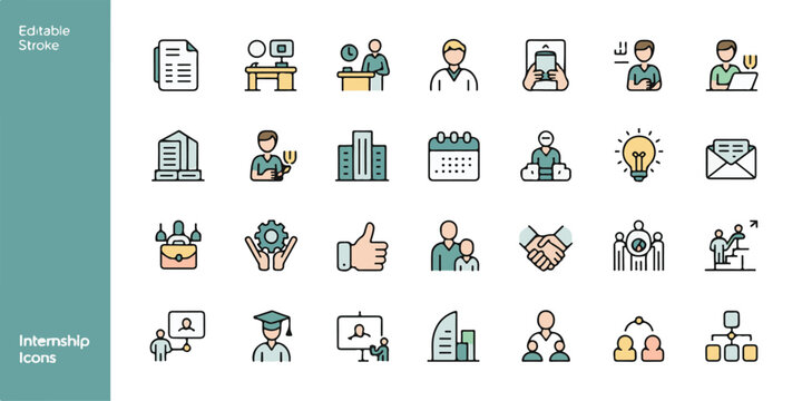 Internship icon set, students, training, job, resume, interview, teamwork, business, education, mentor, ID, phone support, editable stroke, colorful vector illustration. - Powered by Adobe
