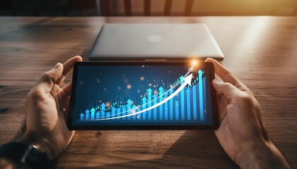 Business growth chart on a tablet screen held by hands with laptop in background