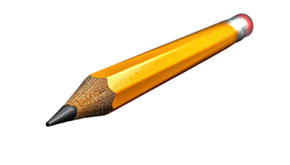 A single yellow pencil with an eraser and graphite tip on a Transparent background