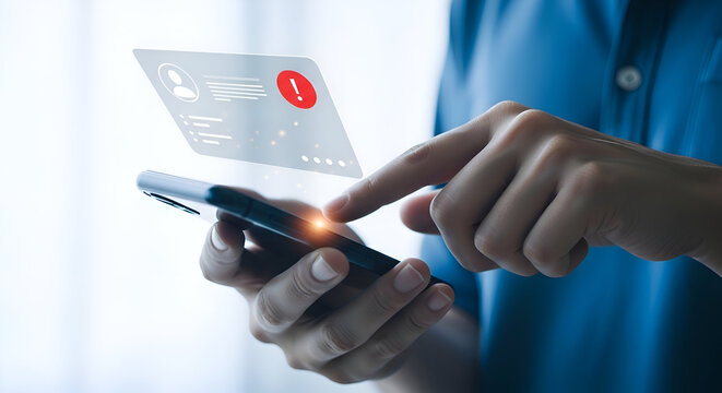 Man using smartphone with notification alert icon, isolated on white background