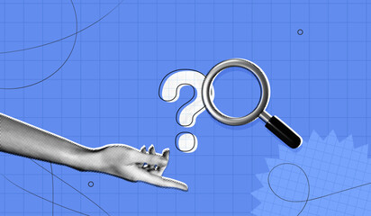Trendy Halftone Collage Hand with question mark and magnifying glass. Find solution or answer to cause or incident. Problem analysis. Ask for reply. Contemporary vector illustration art