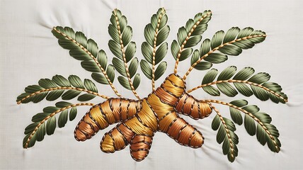 Detailed Embroidered Turmeric Root and Leaves on White Fabric Background