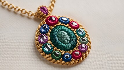 Elegant handcrafted pendant necklace with colorful gems and golden chain