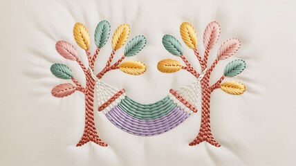 Embroidered artwork depicting trees and hammock perfect for textile design