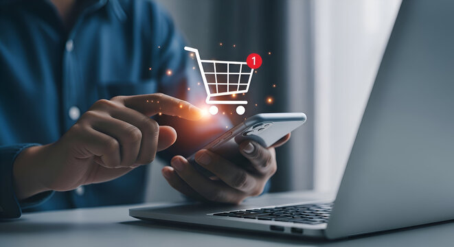 Online shopping concept with a person using a smartphone and laptop to purchase product