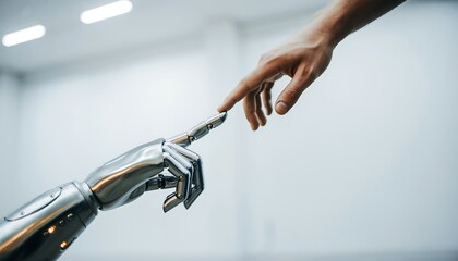 Human hand touching the finger of a robot, concept of the future and technology