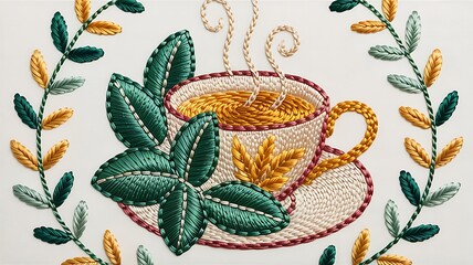 Embroidery artwork featuring a cup of tea with leafy foliage design