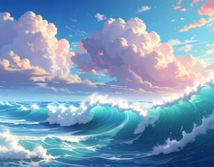 Animated ocean waves with fluffy clouds and a bright blue sky