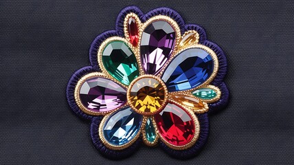 Exquisite jeweled flower emblem on dark blue textured fabric background