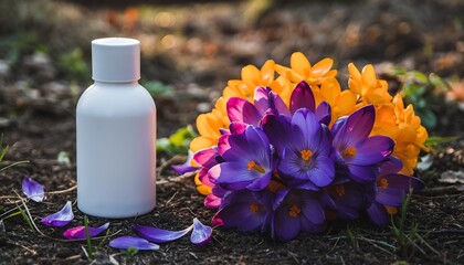White bottle of cosmetic product with crocus flowers on the ground in spring
