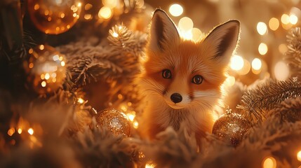 Obraz premium Fox toy surrounded by glowing tree ornaments, cinematic soft light