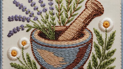 Hand embroidered mortar and pestle surrounded by lavender and daisies artwork