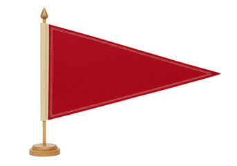 Isolated red pennant flag on stand, wooden staff, vintage style, historical flag, blank shape