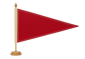 Isolated red pennant flag on stand, wooden staff, vintage style, historical flag, blank shape