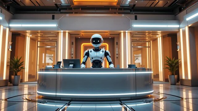 Friendly humanoid robot receptionist standing at modern desk in futuristic office environment. Concept of ai service technology - Powered by Adobe