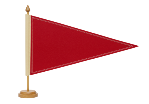 Isolated red pennant flag on stand, wooden staff, vintage style, historical flag, blank shape
