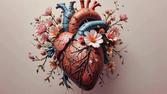 Anatomical human heart decorated with blooming flowers and delicate branches. Concept of life and emotional connection