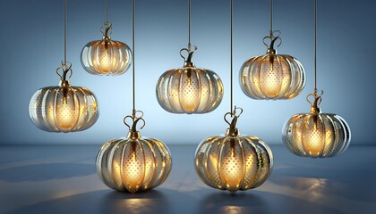 Elegant pumpkin shaped pendant lights hanging from the ceiling in a dark room
