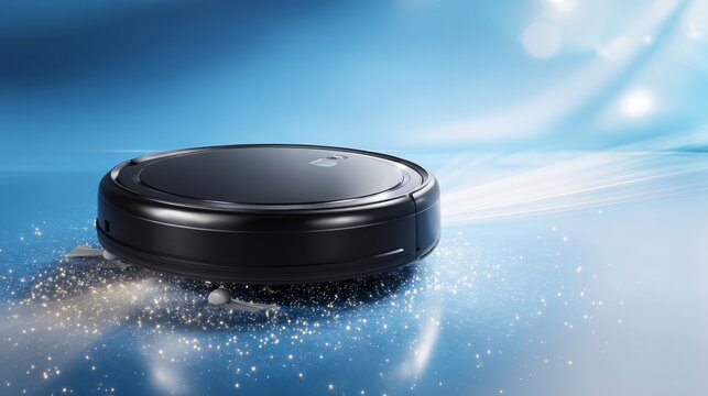 Robotic vacuum cleaner in motion, gliding across a sparkling floor, showcasing advanced technology and efficiency in home cleaning, ideal for modern living spaces and convenience
