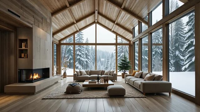 Modern wooden mountain chalet with large glass windows and cozy interior covered in winter snow. Concept of comfort and luxury living