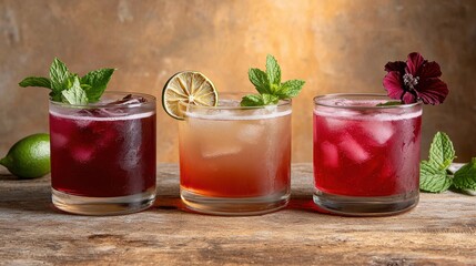 Premium hibiscus agua fresca cocktails served in rocks glasses with fresh mint, lime wheel and hibiscus flower garnishes on rustic wooden table