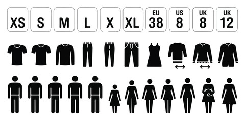 Minimalist black and white clothing size and gender icon set, professional stock-ready, bold readable text, clean silhouette icons, organized layout, modern commercial design, high market appeal.