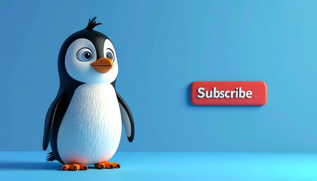 Animated penguin beside a "subscribe" button on a blue background