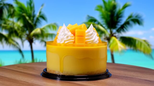 Delicious mango cake with cream topping in a tropical paradise setting, vacation mood