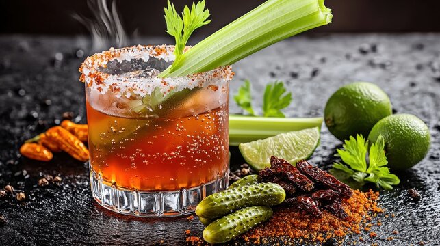 Spicy michelada cocktail with fresh celery stalk garnish and chili salt rim on dark stone surface with fresh lime wedges and pickled vegetables