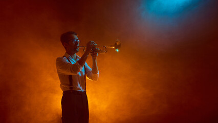 Jazz trumpet player performing on stage with atmospheric lighting. Concept of music industry, SMM for musicians and clubs, and editorial content about modern performance culture. © Lustre Art Group 