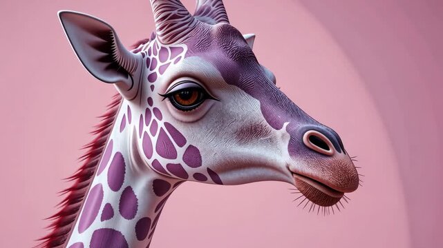 Cute pastel pink giraffe portrait on soft pink background, stylized 3d animal with gentle expression. Concept of whimsical art and design