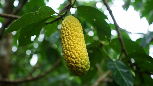 Close-up shot of a breadfruit in its tree in tropical rainforest habitat